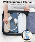 Open Underseat Carry On Luggage 16 Inch Softside Suitcase with clothes held by cross ribbons, headphones packed inside.