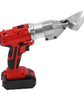 Garosa Cordless Electric Metal Shears With Chrome Steel Blade Led Lighting And 2 Speed Gear For Cutting Iron Sheets Steel Net Carpet And Paper US Plug Heavy Duty Portable Power Tool side view with chrome blade and red grip.