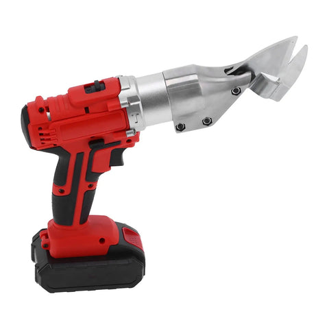 Garosa Cordless Electric Metal Shears With Chrome Steel Blade Led Lighting And 2 Speed Gear For Cutting Iron Sheets Steel Net Carpet And Paper US Plug Heavy Duty Portable Power Tool side view with chrome blade and red grip.