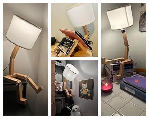 Robot Bedside Lamp with fabric shade and foldable solid wood body on desk and shelf, toy style decor with flexible arms.