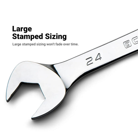 Angle Open End Wrench Set With 30 Degree And 60 Degree Angles SAE with large stamped sizing detail, chrome finish.