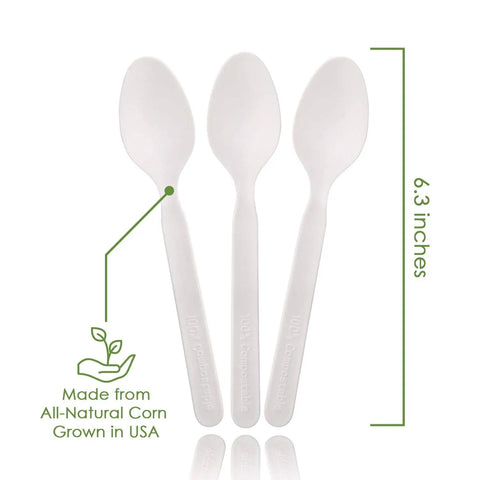 100% Compostable Large Disposable Spoons, 6.5 Inch Bulk Pack, Eco Friendly, Ultra Durable and Heat Resistant Cutlery Alternative With Tray for Parties, Catering, and Everyday Use, ivory spoons