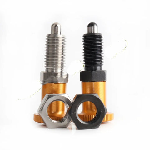 Built Tough Gold Knob Indexing Plunger Spring Pin With External Thread And Nut, showcasing dual plunger pins and nuts.