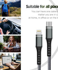 Lightning Fast USB C To Lightning Cable 2 Pack 3Ft MFi Certified iPhone Charger Cable With Quick Charge And Power Delivery, Data Transfer Up To 480Mbps, Durable Nylon Braided Build For Travel And Daily Use, shown with USB-C and Lightning ends