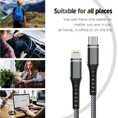 Lightning Fast USB C To Lightning Cable 2 Pack 3Ft MFi Certified iPhone Charger Cable With Quick Charge And Power Delivery, Data Transfer Up To 480Mbps, Durable Nylon Braided Build For Travel And Daily Use, shown with USB-C and Lightning ends