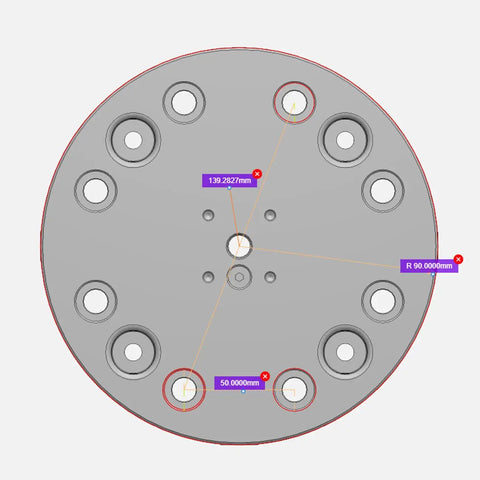Zero Point Plate Quick Clamp System 180mm Diameter For Heavy Duty CNC And Mold Making, 96x96 Hole Grid D96-C, Accurate Repeatability 0.005mm And 0.01mm At 45 And 90 Degree Rotations, Perfect For Big Machining Jobs. top view of 180mm zero point plate clamp with 96x96 hole grid
