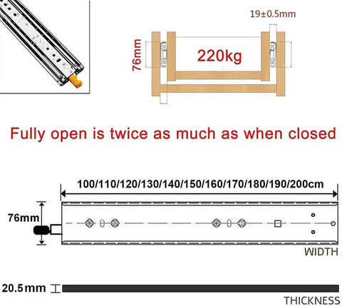 Heavy Duty Full Extension Ball Bearing Drawer Slides One Pair With Lockable Positioning Wheels, 76mm wide, 220kg capacity, diagram illustration.