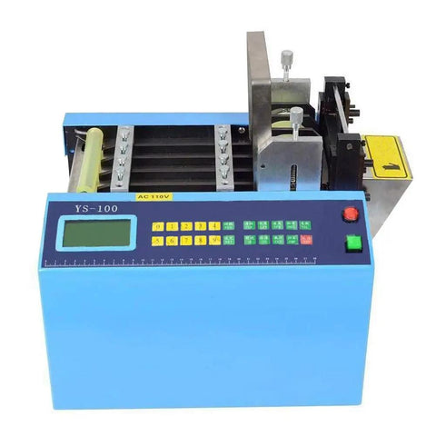 Automatic Heat Shrink Tube And Cable Cutting Machine With Programmable Digital Controls, blue, table-top design, precise cutting features.