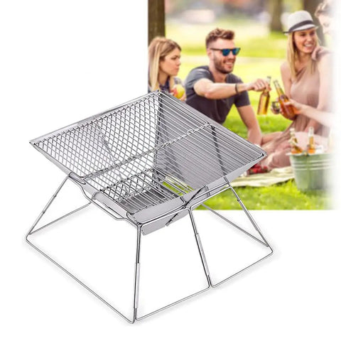 Ultra Lightweight Portable Folding Camping Grill with BBQ Tool Set and picnic scene in background