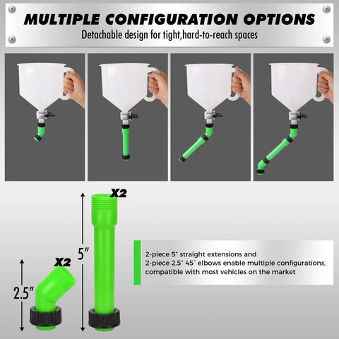 Shop Grade 18 Piece No Mess Coolant Funnel Kit With Universal Adapters showing 5" and 2.5" green extensions for tight spaces.