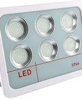 Led Flood Light, 150W Waterproof Ip65 Spotlight, for Outdoor Searchlig, six LED lights in a white housing IP66 rated.