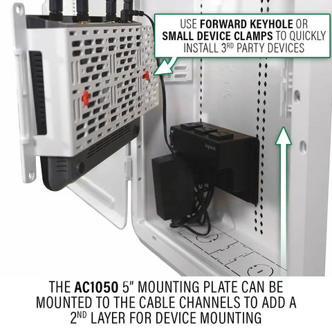 Interior view of enclosure with 5-Inch Mounting Plate For Enclosures With Cable Management Clips, mounted in media panel.