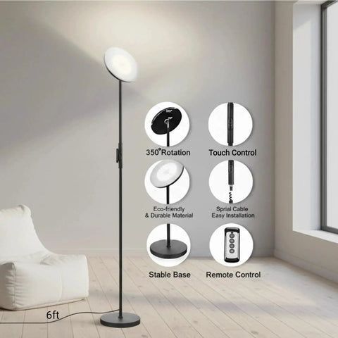Sky LED Modern Torchiere Floor Lamp With Remote And Touch Control, Ultra Bright 30W 2400LM Tall Pole Light, 3 Color Temperatures, No Fuss Dimming, Ideal For Living Room Bedroom Office, Black Finish