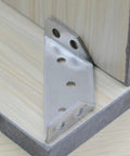 Heavy Duty Stainless Steel Corner Brace Angles For Wood Furniture 6 Pack Right Angle Brackets mounted on wood shelf