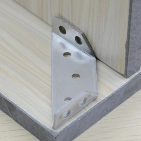 Heavy Duty Stainless Steel Corner Brace Angles For Wood Furniture 6 Pack Right Angle Brackets mounted on wood shelf