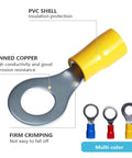 14 Size Insulated Ring Terminal Kit With Stud Sizes One Quarter And Five Sixteenths, focus on yellow PVC insulated terminal