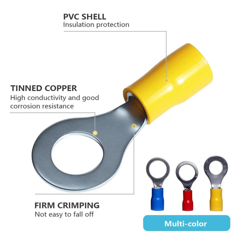 14 Size Insulated Ring Terminal Kit With Stud Sizes One Quarter And Five Sixteenths, focus on yellow PVC insulated terminal