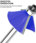Close-up of blue chamfer bit from 15 Piece Router Bit Set For Woodworking With Upgraded C3 Carbide Bits And Durable Bearings Pro Grade