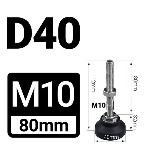 Adjustable Furniture Leveling Feet Set With 40mm Dia Nylon And Stainless Steel Base No Tool Needed Height Adjustment From 30 to 150mm Fits M5 to M12 Thread, D40 M10 80mm