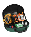 Optical fiber loss tester kit Komshine KLT-12E in green carry case; three orange handheld meters with cables.