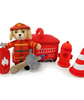 Plush Firefighter Playset for Babies and Toddlers A 6 Piece Sensory Pretend Play Kit with Fire Truck Dalmatian Firefighter Dog Extinguisher Toy Perfect Infant Gift for Boys and Girls So Cute, showing plush truck, dog, extinguisher, axe, hydrant, cone.