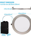 Dimensions of 8 Inch Slim LED Recessed Light With J Box 18W Ultra Thin Dimmable Canless Downlight, satin nickel frame.