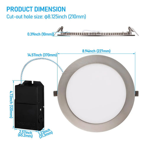 Dimensions of 8 Inch Slim LED Recessed Light With J Box 18W Ultra Thin Dimmable Canless Downlight, satin nickel frame.