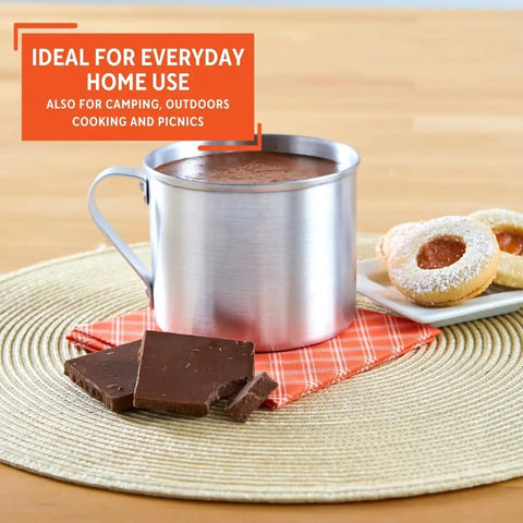 Aluminum Camping Mug With Side Handle Stove Top Safe 0.7 Quart Cup In Silver on table with chocolate and cookies