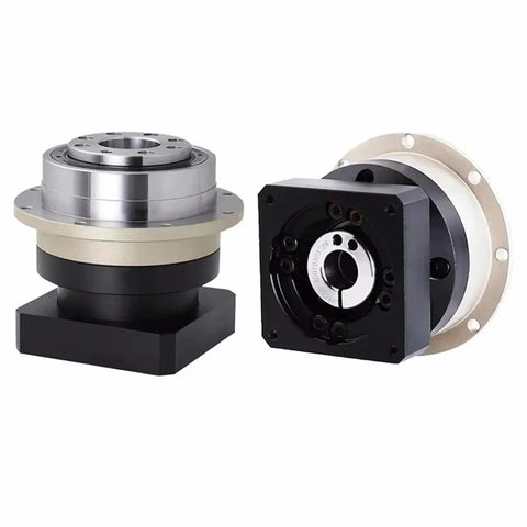 Rock Solid Heavy Duty Planetary Gearbox With Helical Gears And Flange Output Reducer 24 Mm Input For Nema Stepper Servo Motors At 50 To 1 Ratio Plug And Play Ready, black and silver gear reducer.