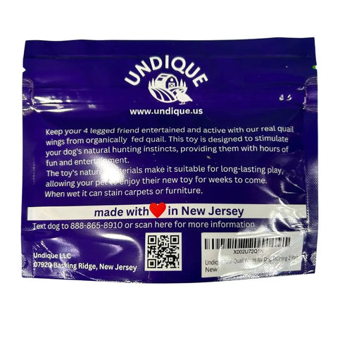 Back of packaging for Dehydrated Quail Wings For Dog Training, 2 Pairs, featuring product details and company information.