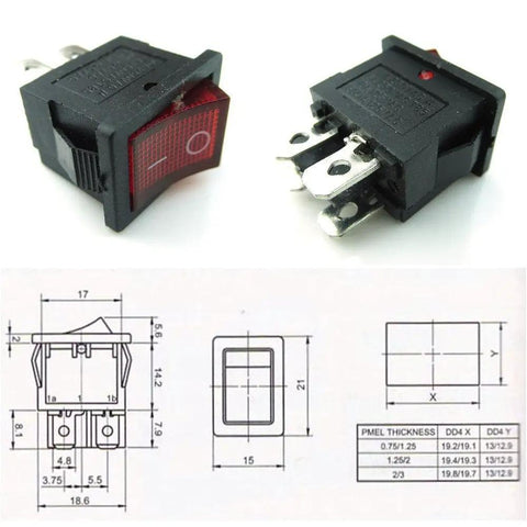 Hull Shape Snap In 4 Pin On Off Switch With Red Lamp Indicator Micro SMD PCB Switch Fits 19.2x12.9mm Mounting Hole KCD1 104 diagram