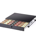 Rolling Black Finish Coffee Pod Storage Drawer For K Cups Holds 42 Pods, shown open with 42 assorted coffee pods.