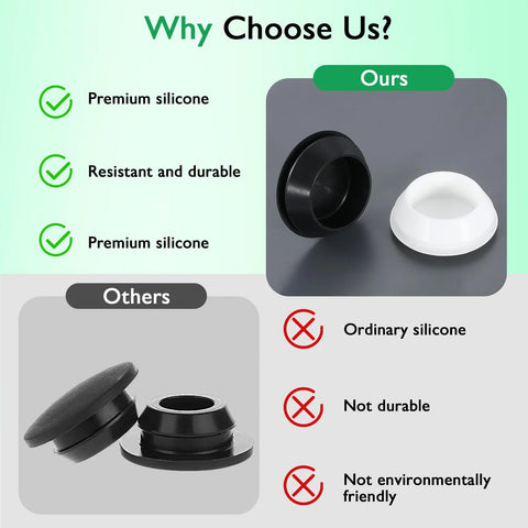 Comparison of premium silicone round hole plugs with ordinary ones, featuring black and white plugs for automotive and furniture use.