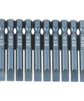 Top Tier Slotted Screwdriver Bits Set With 10 Pieces Featuring Tough S2 Alloy Steel, Magnetic Hold, And 1/4 Inch Hex Shank Perfect For Heavy Duty Drilling And Pro Tool Kits. 10-piece S2 steel slotted bits, 1/4 inch hex shank, front view