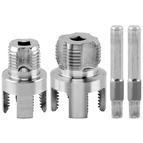 2 In 1 Pipe Threading Tool For Internal And External Threads With Dual End One Half Inch NPT And Three Quarter Inch NPT Dies Works With Power Drills For Fast DIY Plumbing Rethreads No Tool Swapping, showing interchangeable dies and shank components
