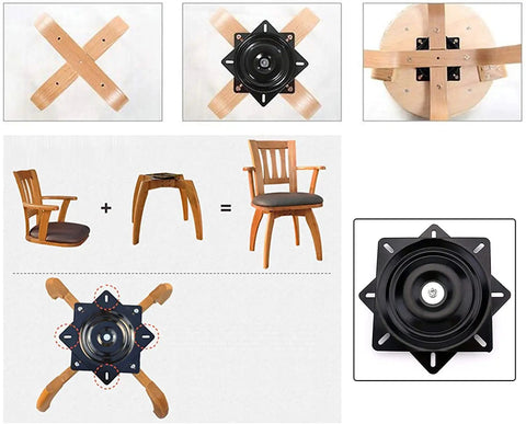 Heavy Duty Bar Stool Swivel Plate Replacement For Recliner Chairs, 6 Inch, solid steel construction, installed on wooden chair