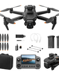 Foldable RC Drone With 1080P Triple HD Camera, 5G FPV Live Video, dual battery pack, and accessories set displayed
