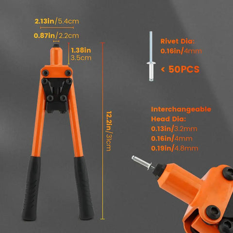 Heavy Duty One Hand Rivet Gun Kit With Fifty Rivets For Slick Auto Repairs And Furniture Builds Easy Grip Alloy Manual Riveter dimensions and details