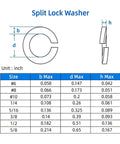 Diagram showing dimensions of split lock washers with sizes and specifications, featuring rust-resistant lock washers in various sizes.