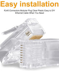 RJ45 Crimp Connectors 8P8C UTP Ethernet Plug For CAT5E CAT5 CAT6 Solid Or Stranded Cable Gold Plated 50 Pack Gigabit Ready Pro Grade Network Cable End Connectors, clear plastic connectors.
