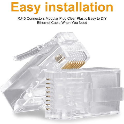 RJ45 Crimp Connectors 8P8C UTP Ethernet Plug For CAT5E CAT5 CAT6 Solid Or Stranded Cable Gold Plated 50 Pack Gigabit Ready Pro Grade Network Cable End Connectors, clear plastic connectors.