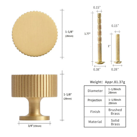 Five Pack Solid Brass Cabinet Knobs Brushed Gold Handles For Dresser Kitchen Bedroom Bathroom Modern Hardware dimensions shown