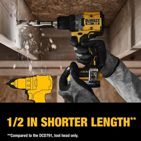20V Max XR Brushless Cordless Drill And Driver Kit drilling wood, compact light design, half inch metal ratcheting chuck