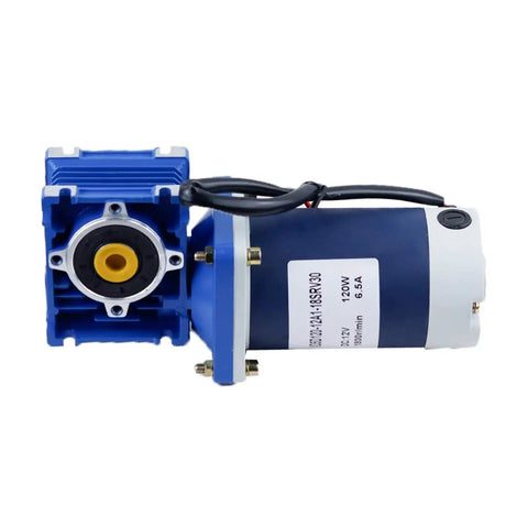 Hella Tough 60W DC Worm Gear Motor With 12V And 24V Hookup Featuring Knob Speed Control and Tight Right Angle Drive, featuring a compact design.