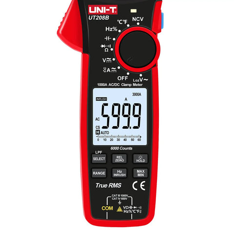 Digital Clamp Meter UT208B Inrush Current Mode True RMS 1000A AC DC Clamp On Multimeter with display showing 599.9