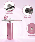 Deep Hydration Oxygen Facial Machine Handheld High Pressure Mist Sprayer For Skin Rejuvenation, pink nozzle and switch details.