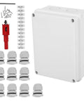 Solid 13 Piece IP65 Waterproof Junction Box Set For Outdoor Cable Wiring, includes junction box, connectors, and screws.