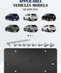Audi Beefy Rear License Plate Bracket And Holder For Q5 2009-2023 with installation kit and vehicle models shown