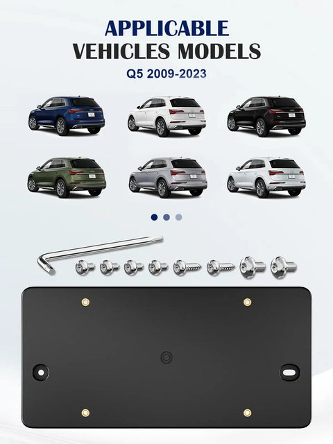 Audi Beefy Rear License Plate Bracket And Holder For Q5 2009-2023 with installation kit and vehicle models shown