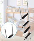 Heavy Duty Bunk Bed Ladder J Hooks, Rock Solid White Iron Brackets, side view of four-step ladder with rubber grips.